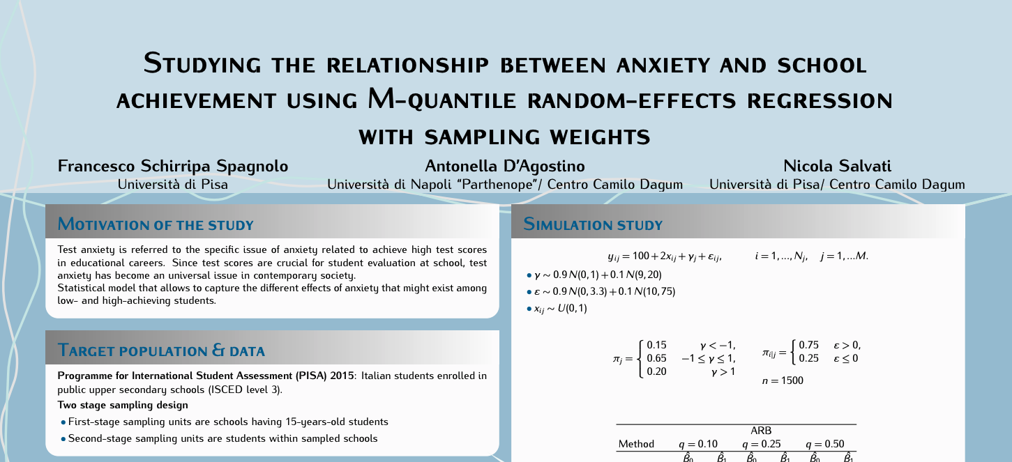 F. Schirripa Spagnolo, A. D’Agostino, N. Salvati: Poster “Studying the relationship between anxiety and school achievement using M-quantile random-effects regression with sampling weights” (SIS 2018)